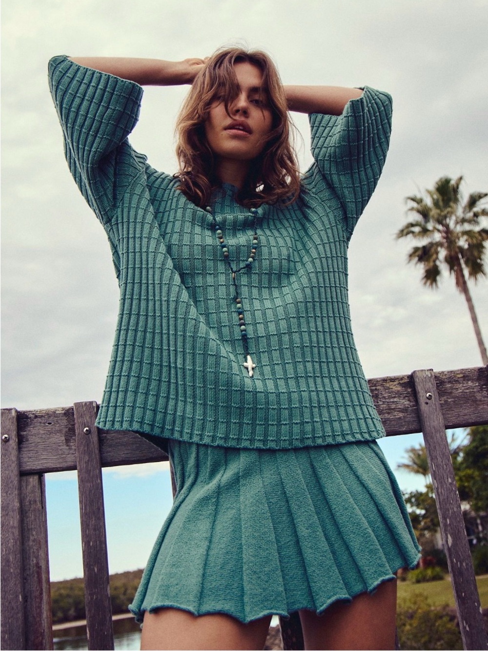 Free People Beach Kenzie Sweater and Skirt Set in Frosty Spruce Green Sz L NWT - Picture 7 of 8